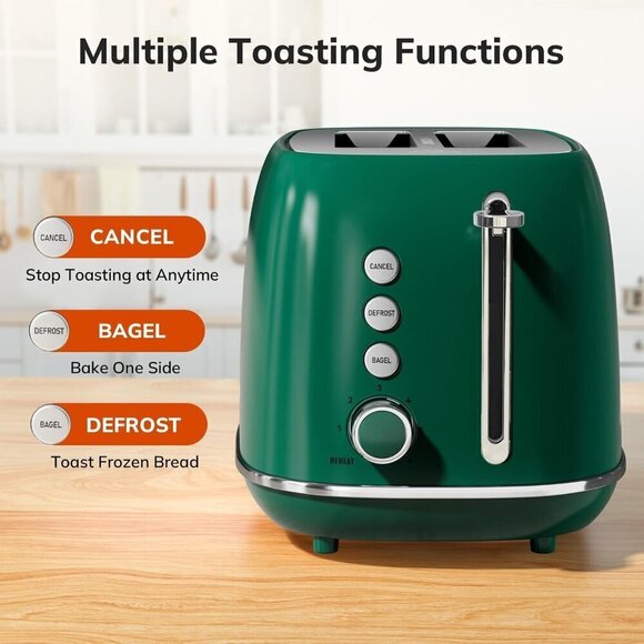 2SliceToaster Retro Stainless green Steel Toaster with Bagel Bread Shade Setting - Picture 1 of 6